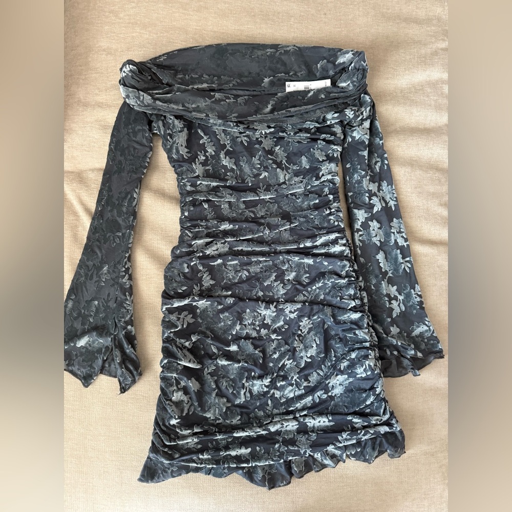 Lush Dark Gray Floral Long Sleeve Dress